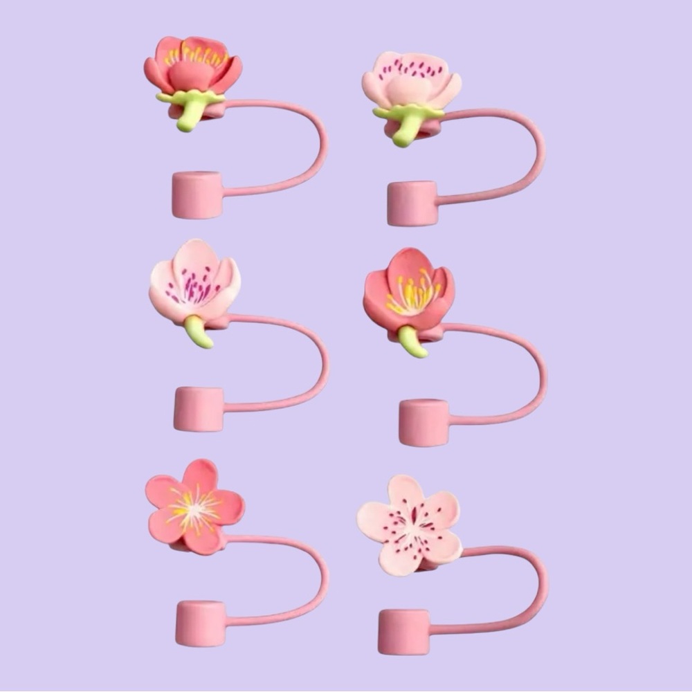 NIB 6pc Floral Straw Topper Set